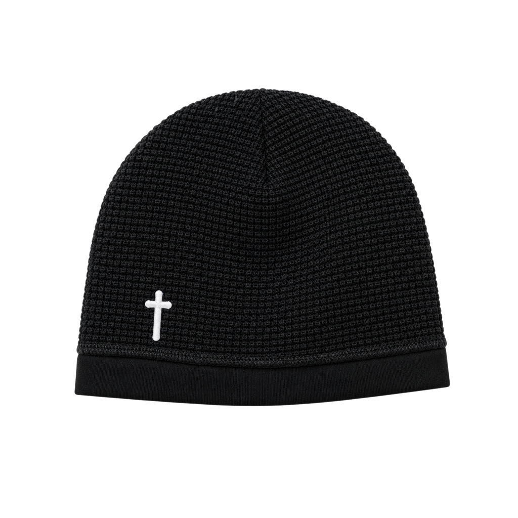 WAFFLE KNIT BEANIE (BLACK) (SATIN-LINED)