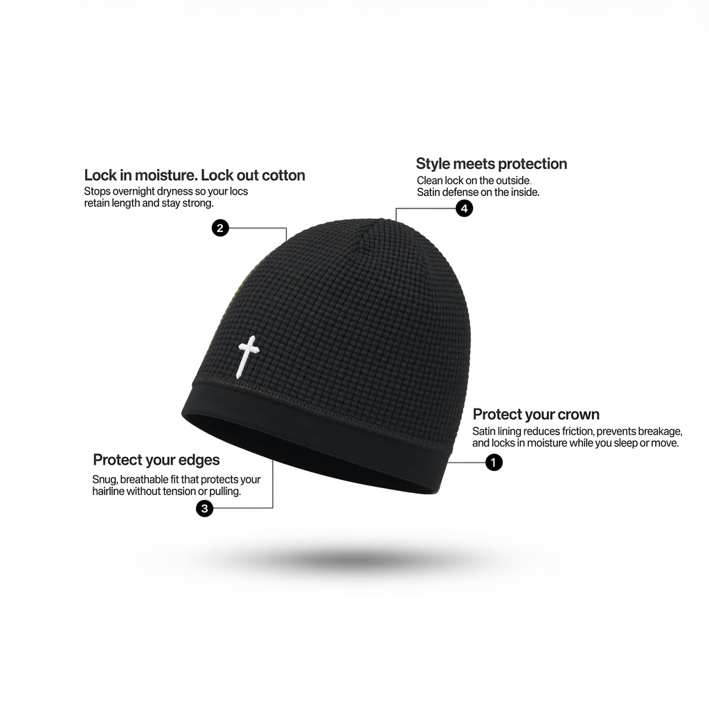 WAFFLE KNIT BEANIE (BLACK) (SATIN-LINED)